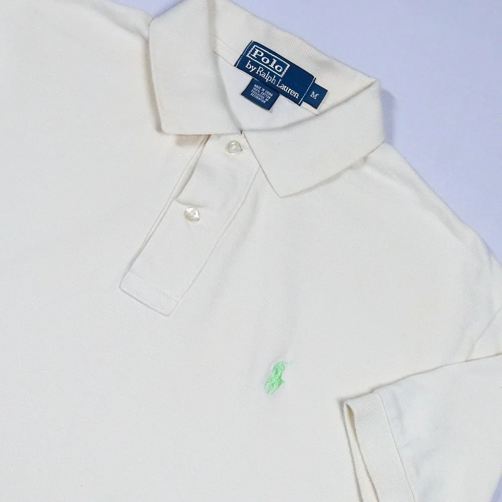 Polo Ralph Lauren Polo Shirt Mens M Cream Short Sleeve Green Pony Mesh Cotton